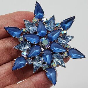 Blue Glass Cabochon Faceted Rhinestone Brooch Star Shape Open Back Silver VTG